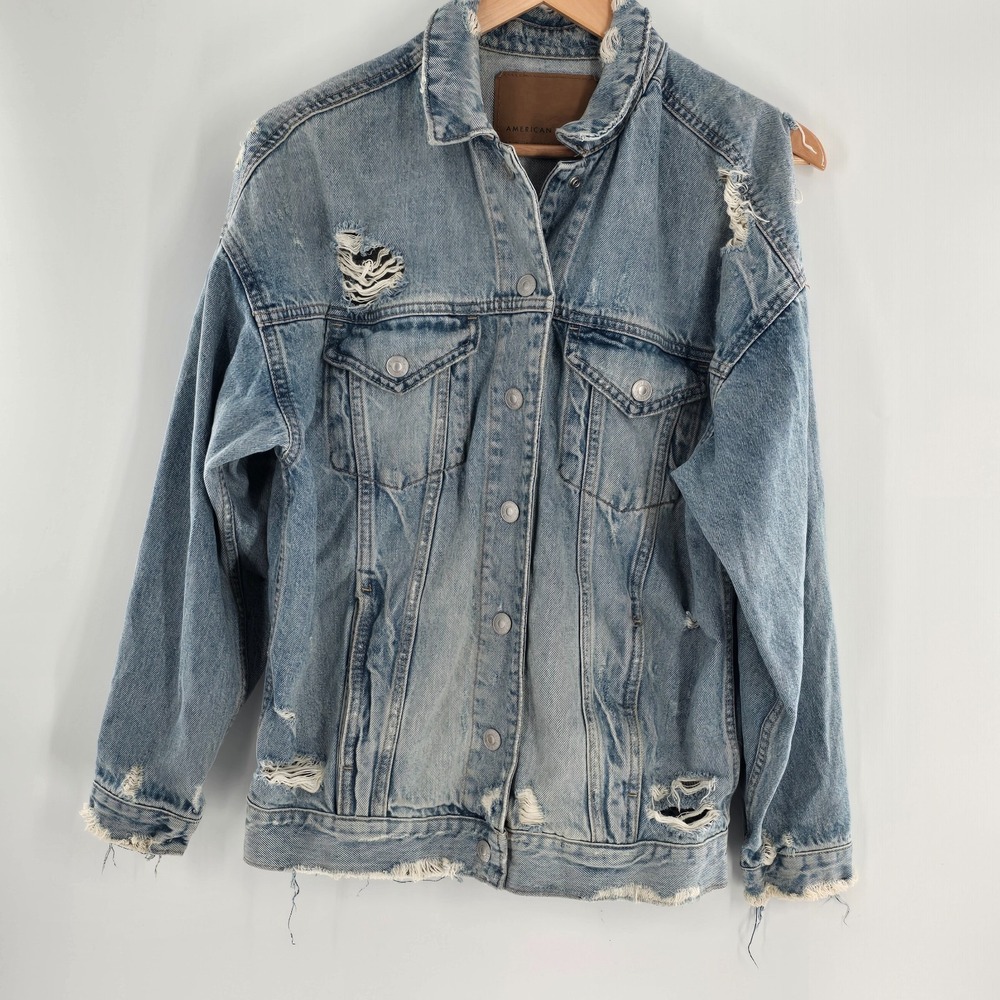 American Eagle Denim Jacket Women's Size Extra Small Distressed Oversized Cotton